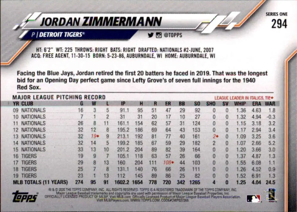 2020 Topps #294 Jordan Zimmermann NM-MT Detroit Tigers Baseball Card - Baseball Card Single