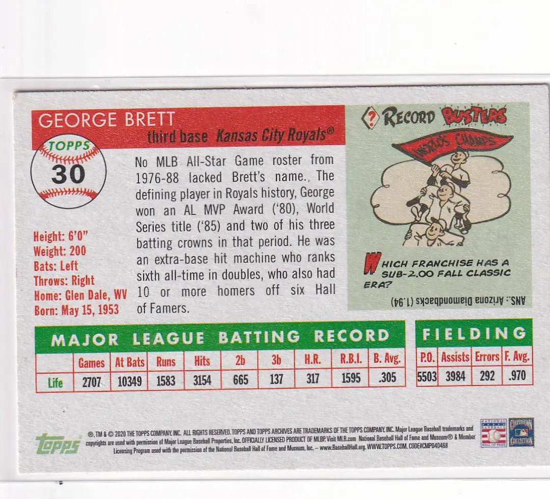 2020 TOPPS #30 GEORGE BRETT- KANSAS CITY ROYALS - Baseball Card Single