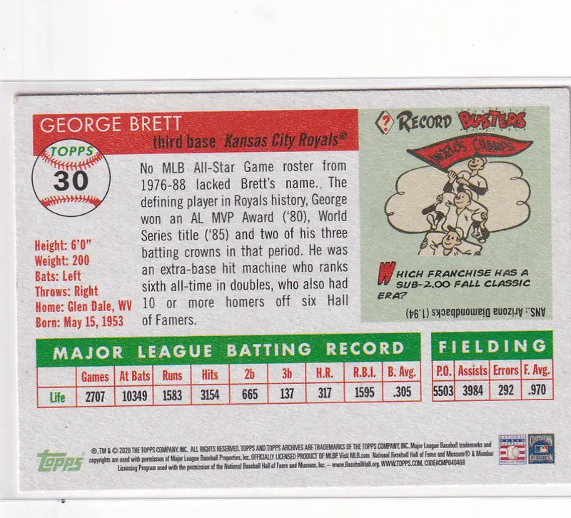 2020 TOPPS #30 GEORGE BRETT- KANSAS CITY ROYALS - Baseball Card Single
