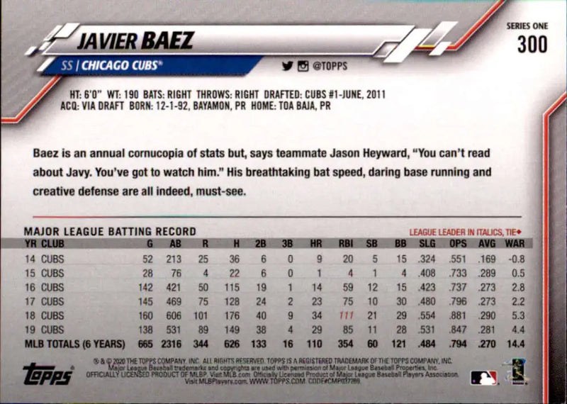 2020 Topps #300 Javier Baez NM-MT Chicago Cubs Baseball Card - Baseball Card Single