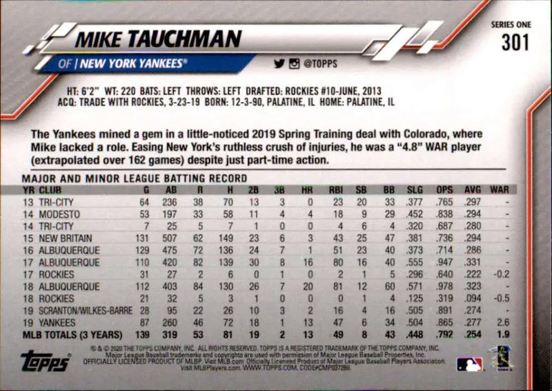 2020 Topps #301 Mike Tauchman NM-MT New York Yankees Baseball Card - Baseball Card Single