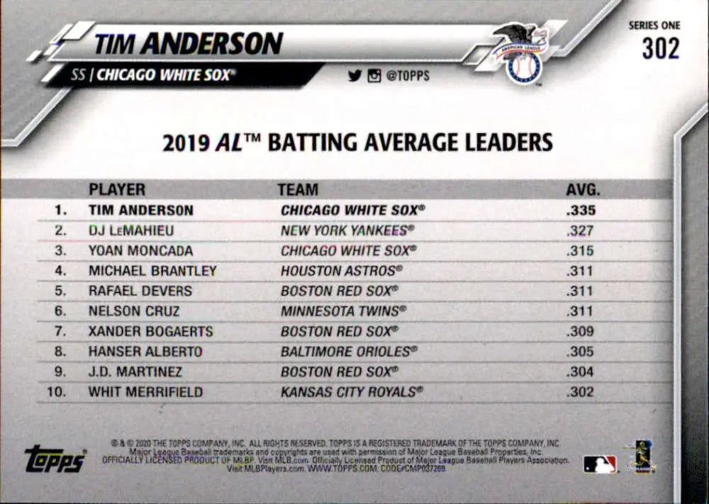 2020 Topps #302 Tim Anderson NM-MT Chicago White Sox Baseball Card - Baseball Card Single