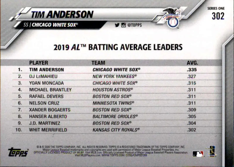 2020 Topps #302 Tim Anderson NM-MT Chicago White Sox Baseball Card - Baseball Card Single