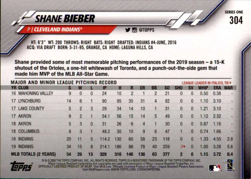 2020 Topps #304 Shane Bieber NM-MT Cleveland Indians Baseball Card - Baseball Card Single