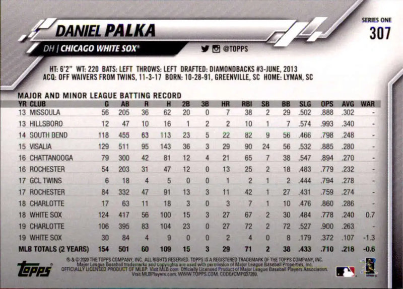 2020 Topps #307 Daniel Palka NM-MT Chicago White Sox Baseball Card - Baseball Card Single