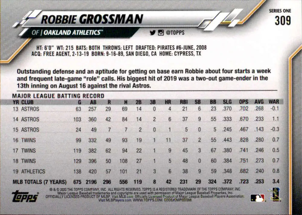 2020 Topps #309 Robbie Grossman NM-MT Oakland Athletics Baseball Card - Baseball Card Single