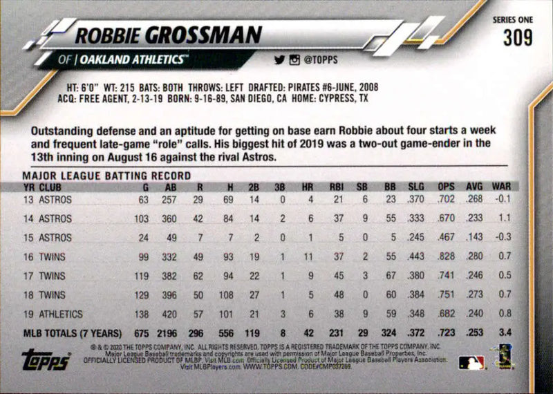 2020 Topps #309 Robbie Grossman NM-MT Oakland Athletics Baseball Card - Baseball Card Single