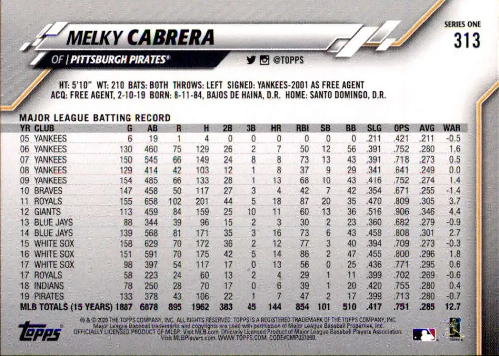 2020 Topps #313 Melky Cabrera NM-MT Pittsburgh Pirates Baseball Card - Baseball Card Single