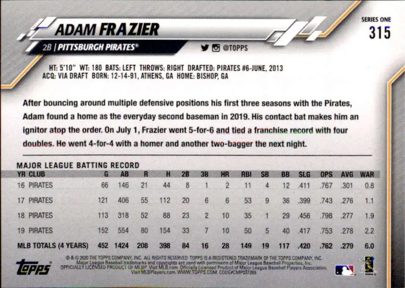 2020 Topps #315 Adam Frazier NM-MT Pittsburgh Pirates Baseball Card - Baseball Card Single