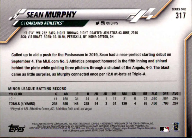 2020 Topps #317 Sean Murphy NM-MT RC Rookie Oakland Athletics Baseball Card - Baseball Card Single