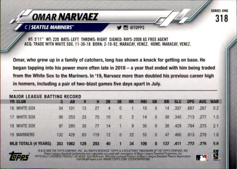 2020 Topps #318 Omar Narvaez NM-MT Seattle Mariners Baseball Card - Baseball Card Single