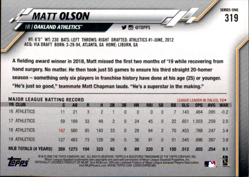 2020 Topps #319 Matt Olson NM-MT Oakland Athletics Baseball Card - Baseball Card Single