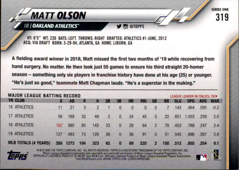 2020 Topps #319 Matt Olson NM-MT Oakland Athletics Baseball Card - Baseball Card Single