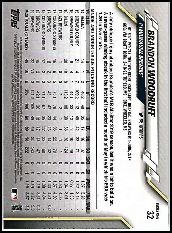 2020 Topps #32 Brandon Woodruff NM-MT Milwaukee Brewers Baseball Card - Baseball Card Single