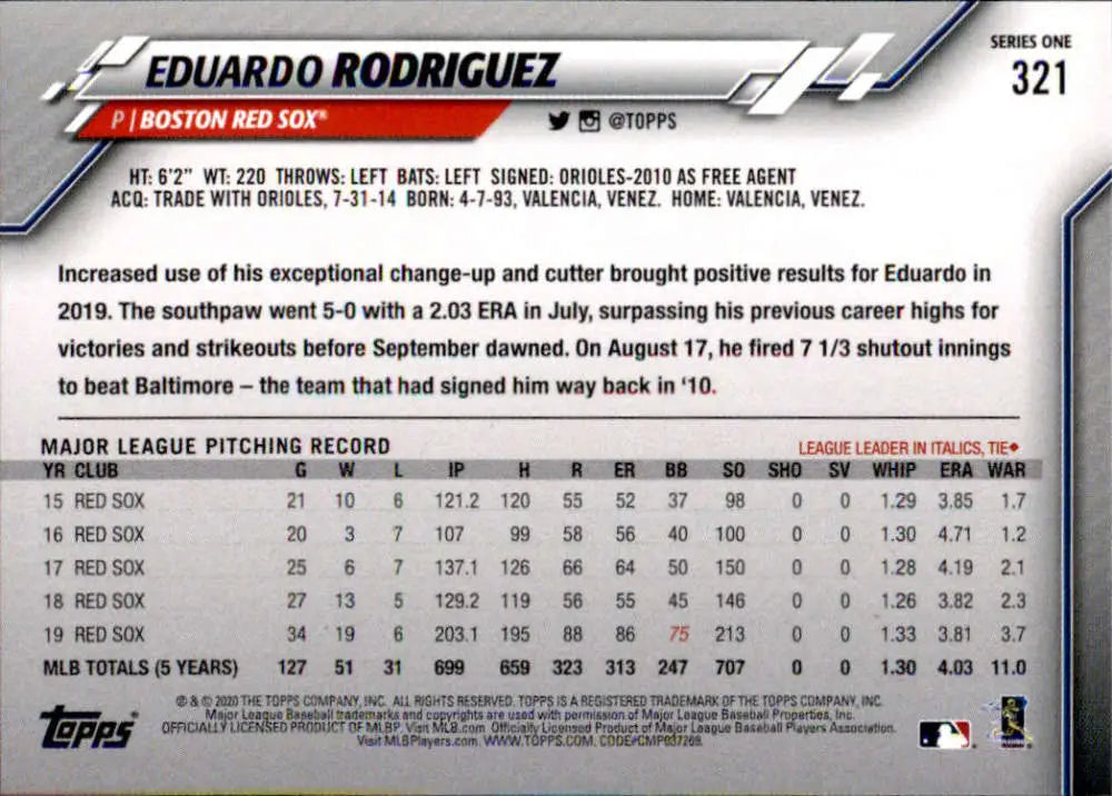 2020 Topps #321 Eduardo Rodriguez NM-MT Boston Red Sox Baseball Card - Baseball Card Single