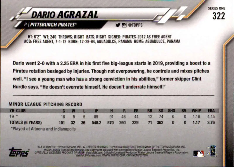 2020 Topps #322 Dario Agrazal NM-MT RC Rookie Pittsburgh Pirates Baseball Card - Baseball Card Single