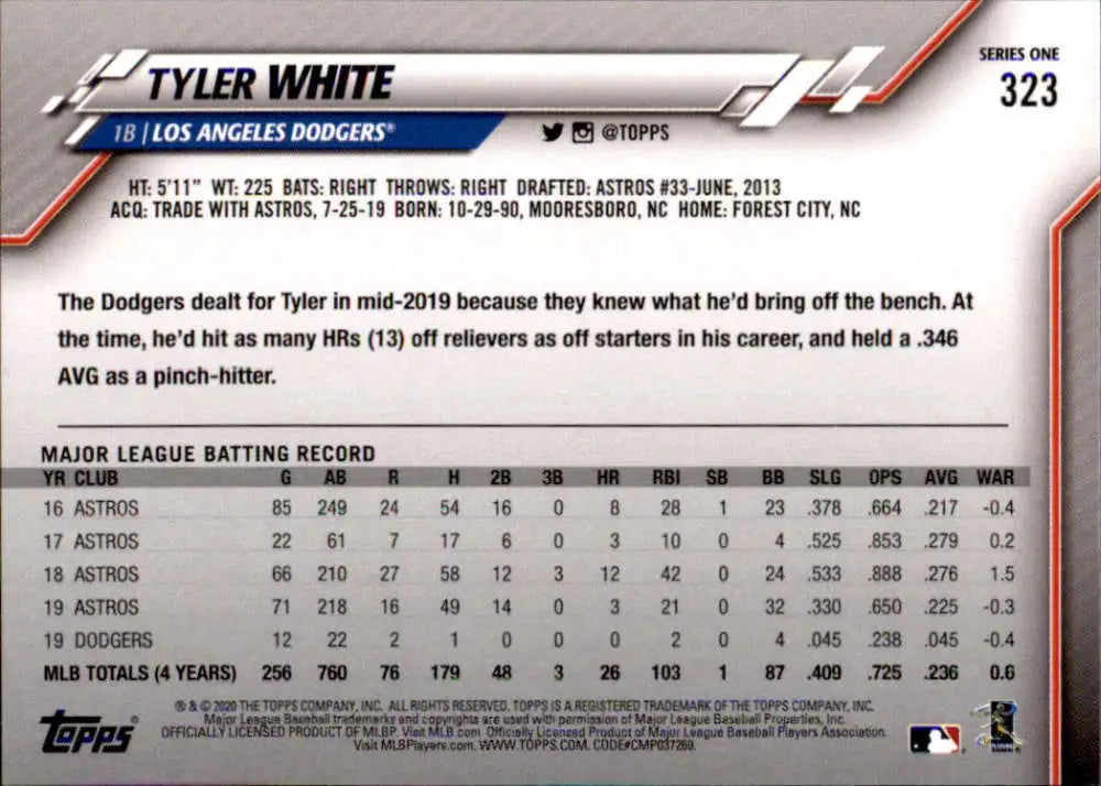 2020 Topps #323 Tyler White NM-MT Los Angeles Dodgers Baseball Card - Baseball Card Single