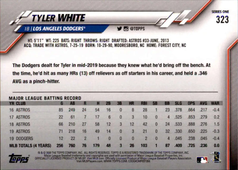 2020 Topps #323 Tyler White NM-MT Los Angeles Dodgers Baseball Card - Baseball Card Single