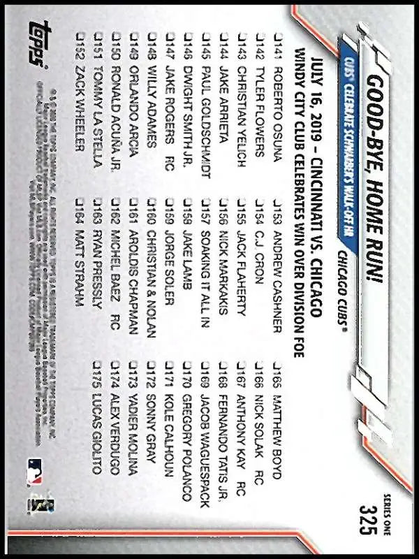 2020 Topps #325 Good-Bye Home Run NM-MT Chicago Cubs Baseball Card - Baseball Card Single
