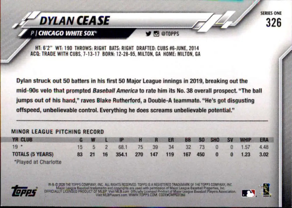 2020 Topps #326 Dylan Cease NM-MT RC Rookie Chicago White Sox Baseball Card - Baseball Card Single