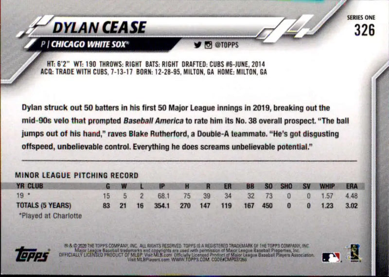 2020 Topps #326 Dylan Cease NM-MT RC Rookie Chicago White Sox Baseball Card - Baseball Card Single