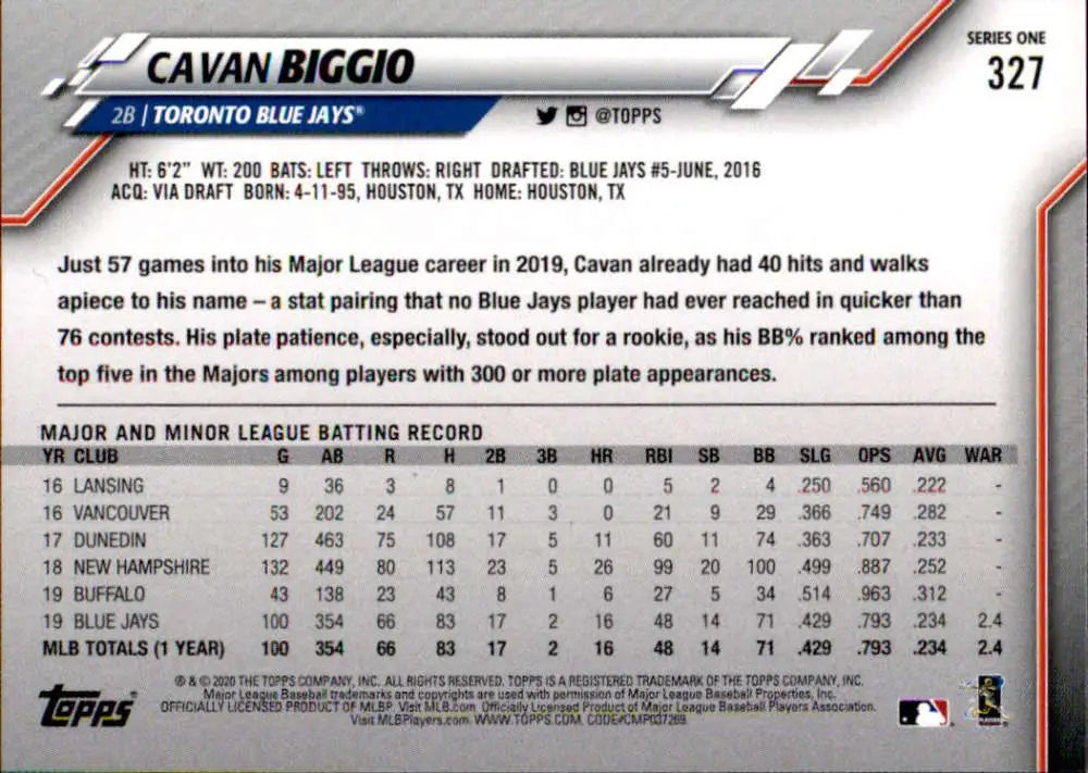 2020 Topps #327 Cavan Biggio NM-MT Toronto Blue Jays Baseball Card - Baseball Card Single