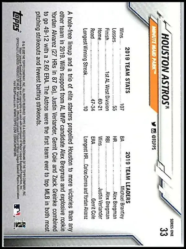 2020 Topps #33 Houston Astros NM-MT Baseball Card - Baseball Card Single