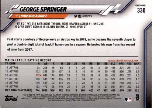 2020 Topps #330 George Springer NM-MT Astros ID:25655 - Baseball Card Single
