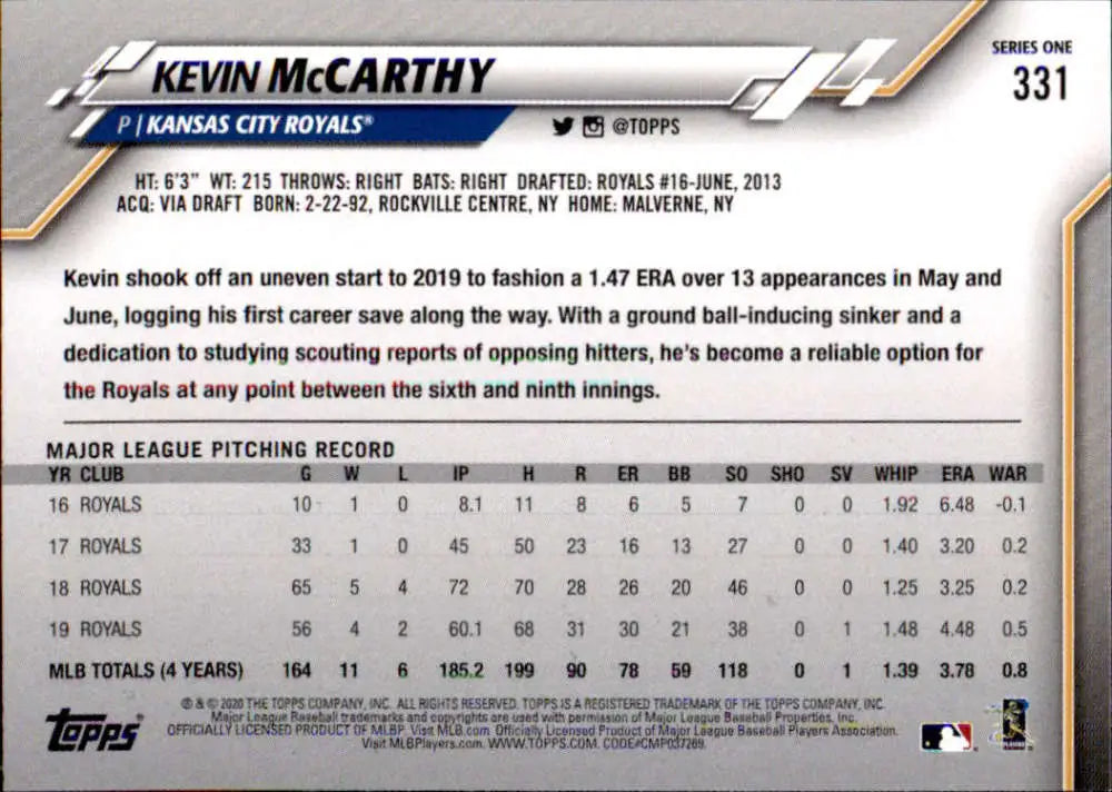 2020 Topps #331 Kevin McCarthy NM-MT Kansas City Royals Baseball Card - Baseball Card Single