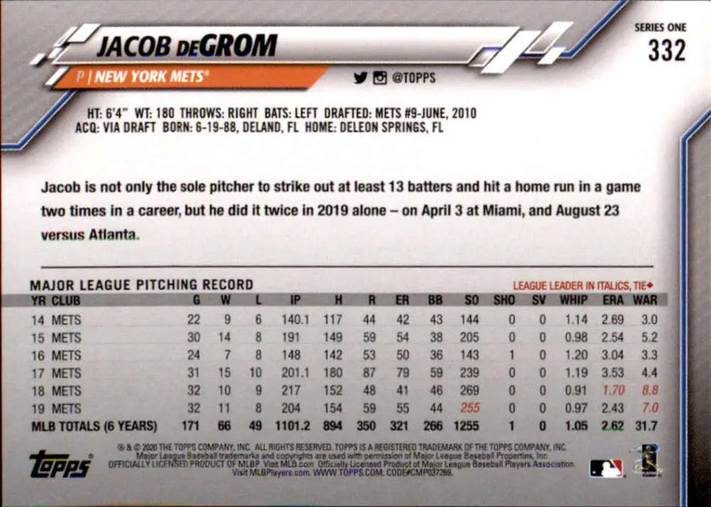 2020 Topps #332 Jacob deGrom NM-MT New York Mets Baseball Card - Baseball Card Single