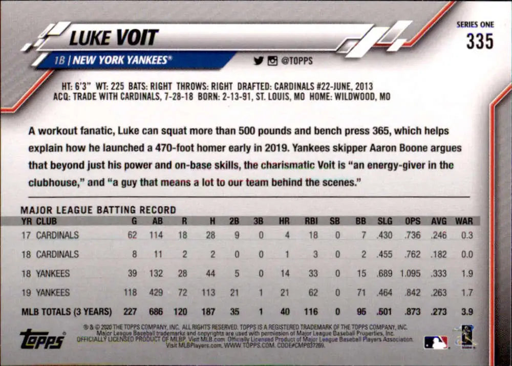 2020 Topps #335 Luke Voit NM-MT New York Yankees Baseball Card - Baseball Card Single