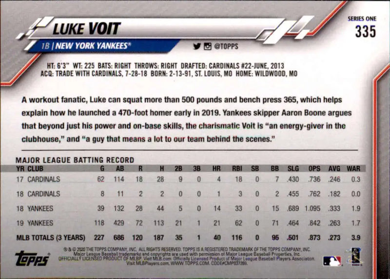 2020 Topps #335 Luke Voit NM-MT New York Yankees Baseball Card - Baseball Card Single