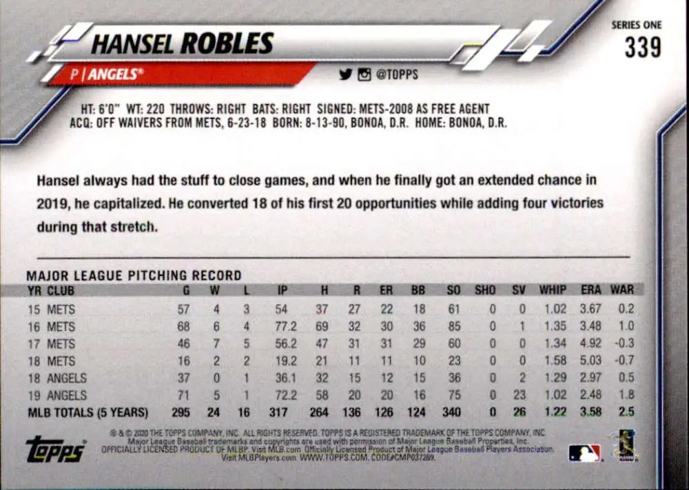2020 Topps #339 Hansel Robles NM-MT Los Angeles Angels Baseball Card - Baseball Card Single