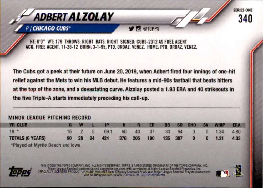 2020 Topps #340 Adbert Alzolay NM-MT RC Rookie Chicago Cubs Baseball Card - Baseball Card Single