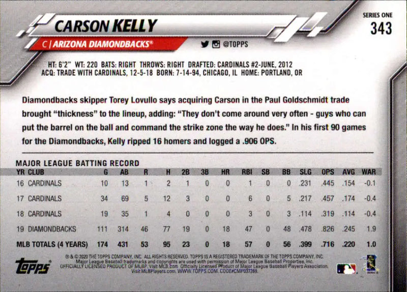 2020 Topps #343 Carson Kelly NM-MT Arizona Diamondbacks Baseball Card - Baseball Card Single