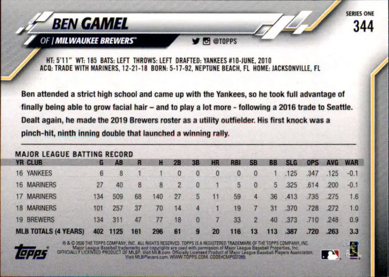 2020 Topps #344 Ben Gamel NM-MT Milwaukee Brewers Baseball Card - Baseball Card Single