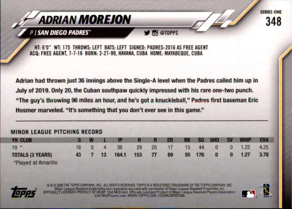 2020 Topps #348 Adrian Morejon NM-MT RC Rookie San Diego Padres Baseball Card - Baseball Card Single