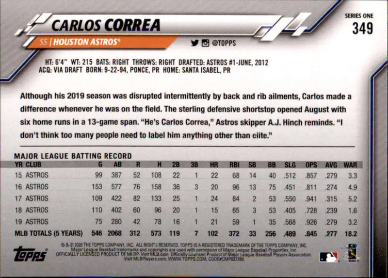 2020 Topps #349 Carlos Correa NM-MT Houston Astros Baseball Card - Baseball Card Single