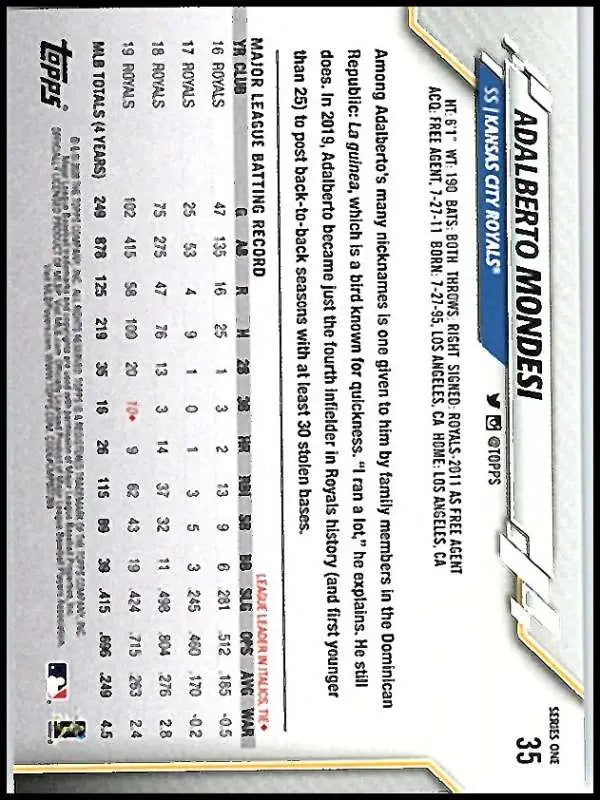 2020 Topps #35 Adalberto Mondesi NM-MT Kansas City Royals Baseball Card - Baseball Card Single