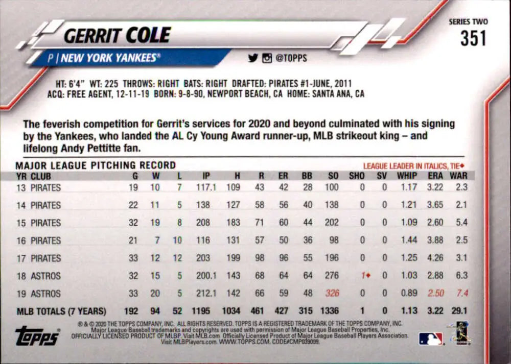 2020 Topps #351 Gerrit Cole NM-MT New York Yankees Baseball Card - Baseball Card Single