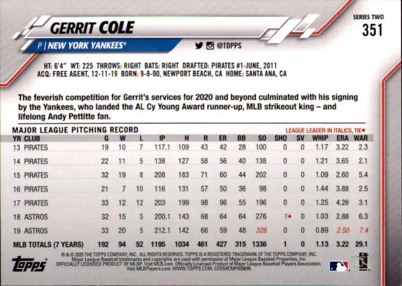 2020 Topps #351 Gerrit Cole NM-MT New York Yankees Baseball Card - Baseball Card Single
