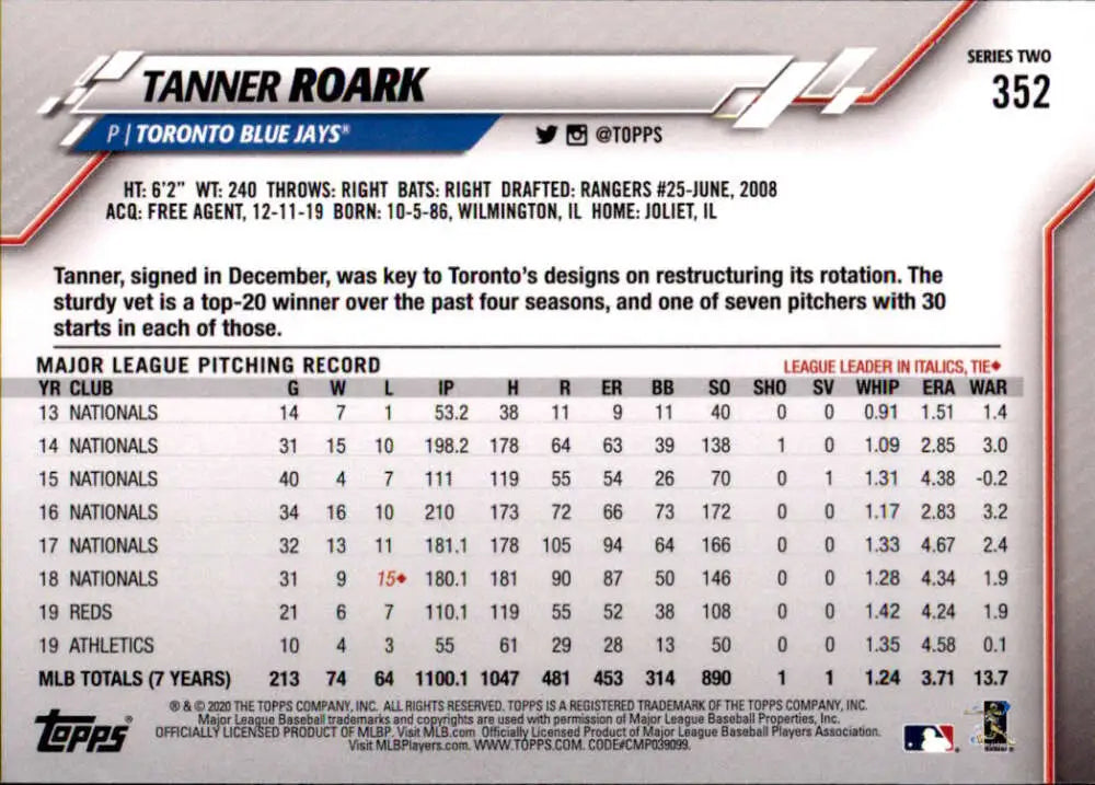 2020 Topps #352 Tanner Roark NM-MT Toronto Blue Jays Baseball Card - Baseball Card Single