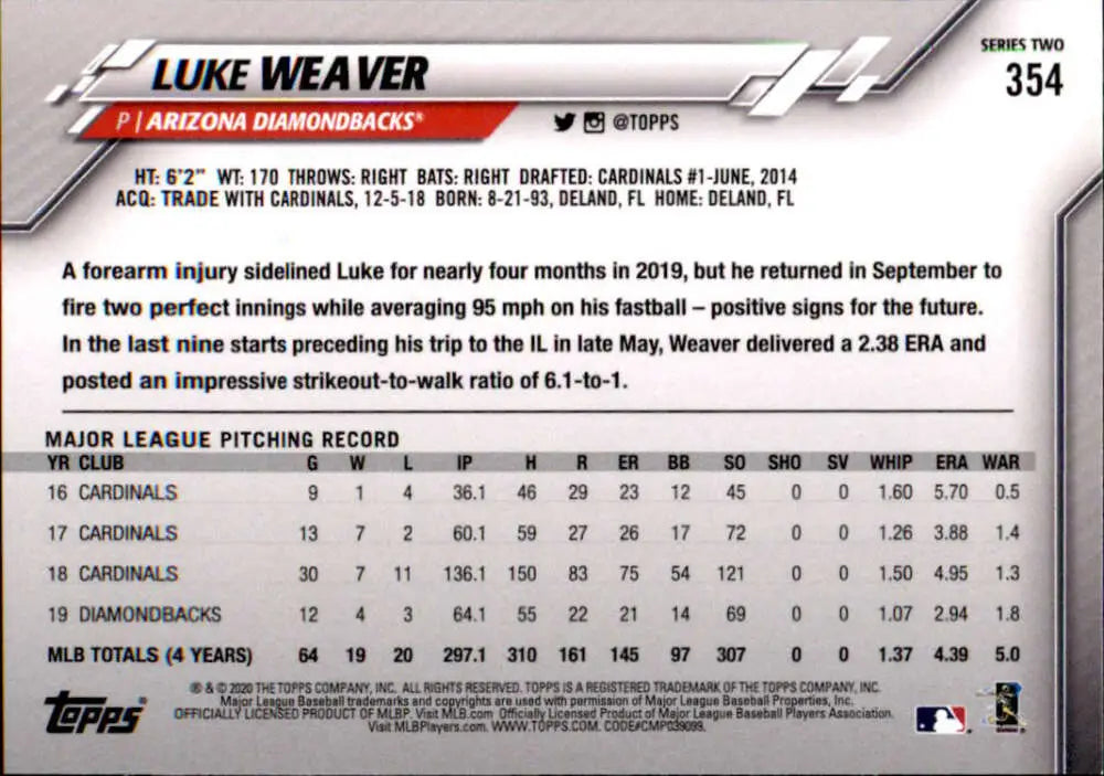 2020 Topps #354 Luke Weaver NM-MT Arizona Diamondbacks Baseball Card - Baseball Card Single
