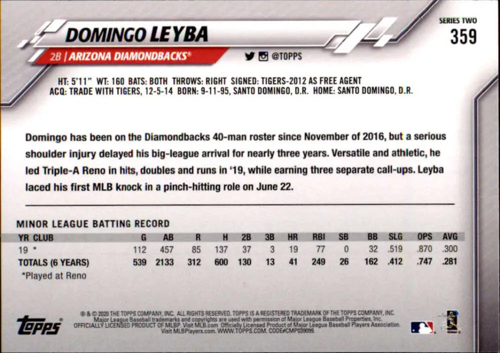 2020 Topps #359 Domingo Leyba NM-MT RC Rookie Arizona Diamondbacks Baseball Card - Baseball Card Single
