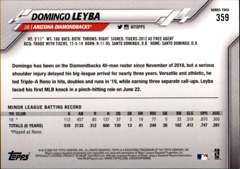 2020 Topps #359 Domingo Leyba NM-MT RC Rookie Arizona Diamondbacks Baseball Card - Baseball Card Single