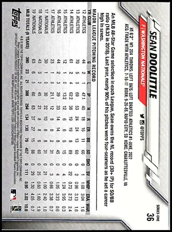 2020 Topps #36 Sean Doolittle NM-MT Washington Nationals Baseball Card - Baseball Card Single