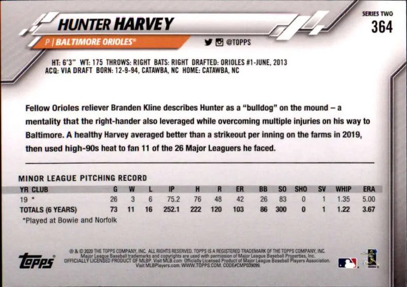 2020 Topps #364 Hunter Harvey NM-MT RC Rookie Baltimore Orioles Baseball Card - Baseball Card Single