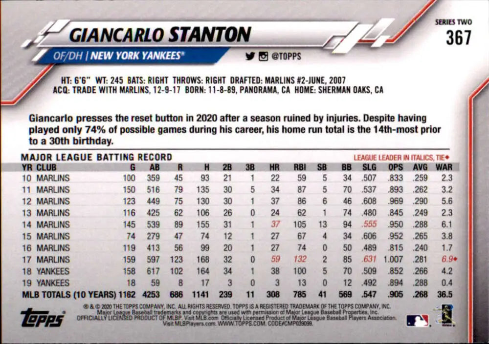 2020 Topps #367 Giancarlo Stanton NM-MT New York Yankees Baseball Card - Baseball Card Single
