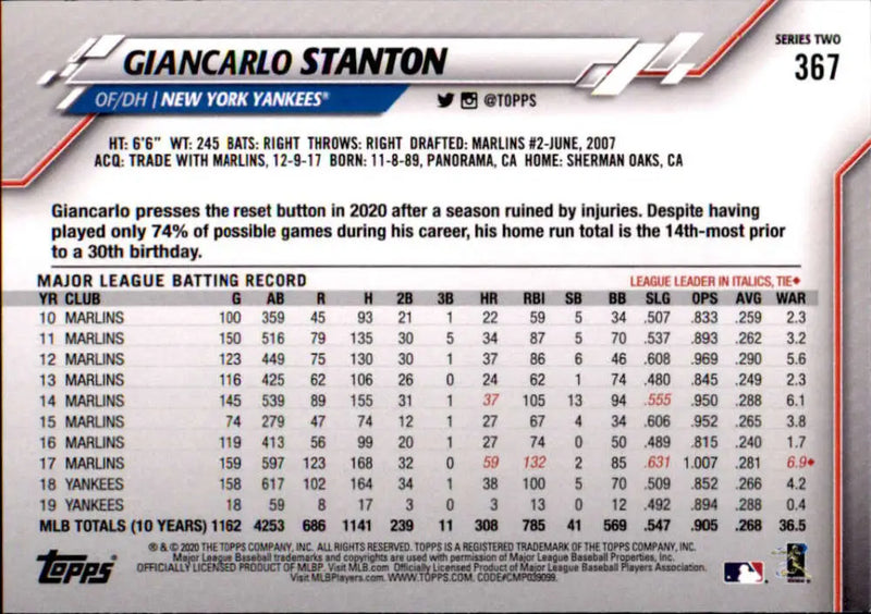 2020 Topps #367 Giancarlo Stanton NM-MT New York Yankees Baseball Card - Baseball Card Single