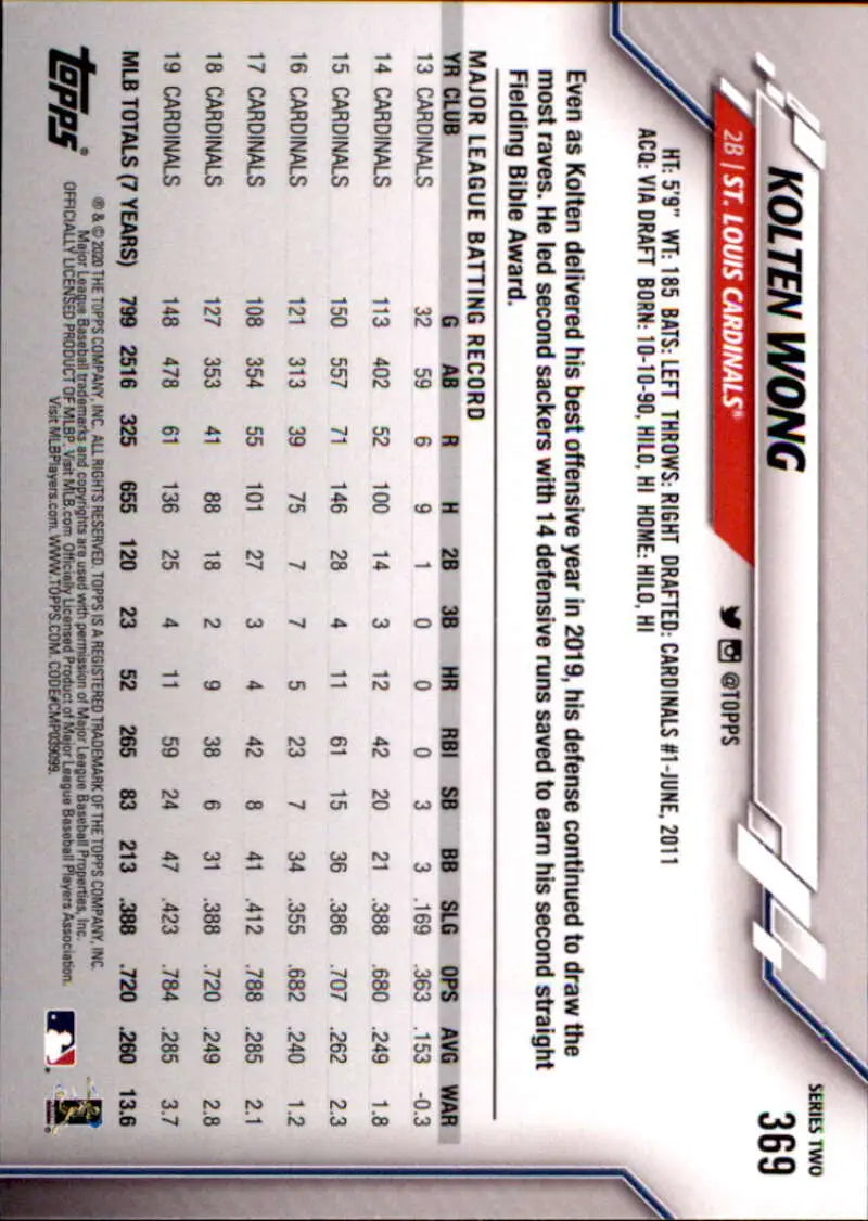2020 Topps #369 Kolten Wong NM-MT St. Louis Cardinals Baseball Card - Baseball Card Single